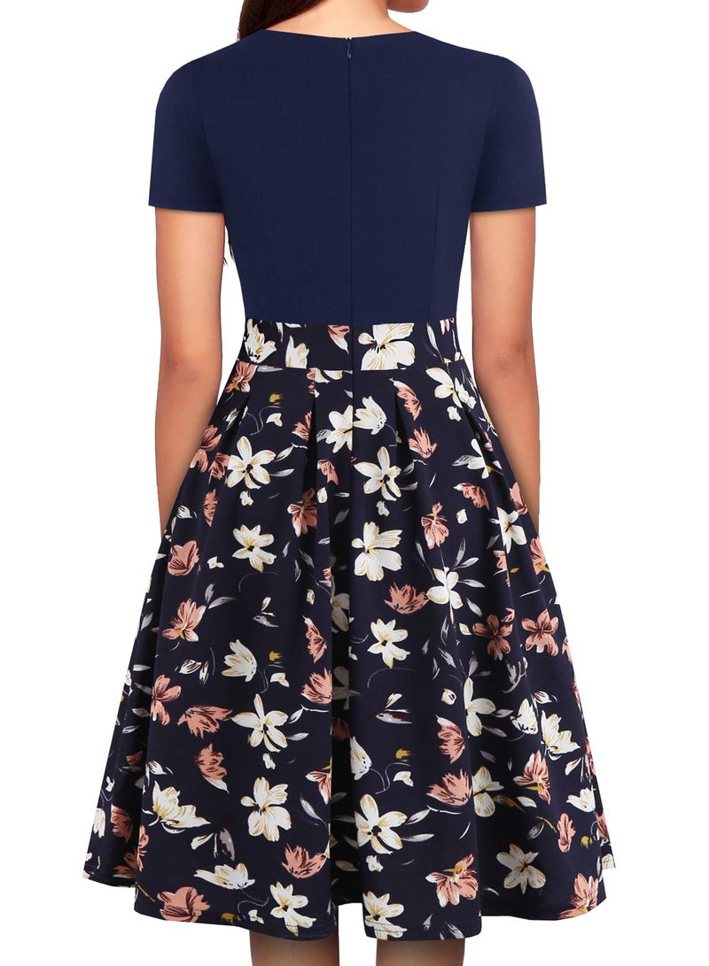 YATHON Women's Fit and Flare Summer Dresses Vintage Navy Floral Patchwork V-Neck Keyhole Cutout Swing A-Line Party Casual Dress with Pockets (S, YT018-Navy Floral 01) - Image 2